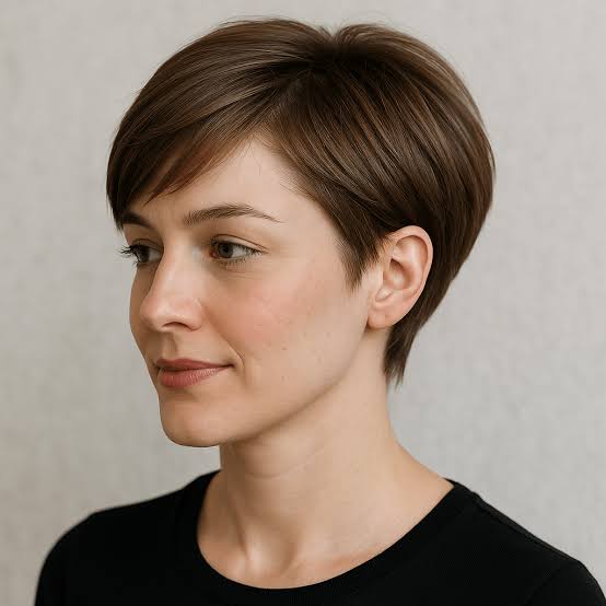 Layered Medium Brown Pixie Side Bangs Layered Medium Brown Pixie Side Bangs — Trendy Short Hair Hairstyles