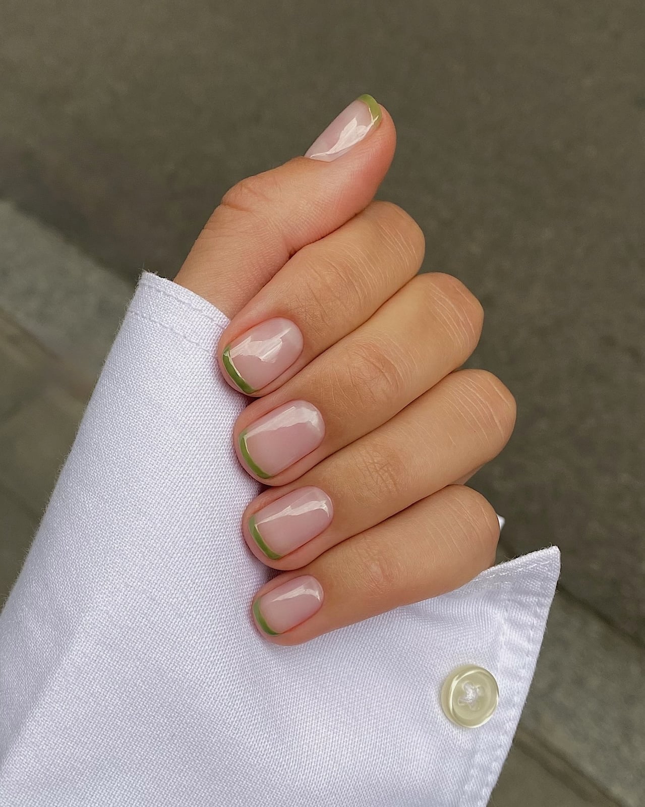 Sheer Nude Green Line French Short Square Nails Sheer Nude Green Line French Short Square Nails — Trendy Short Nails Color