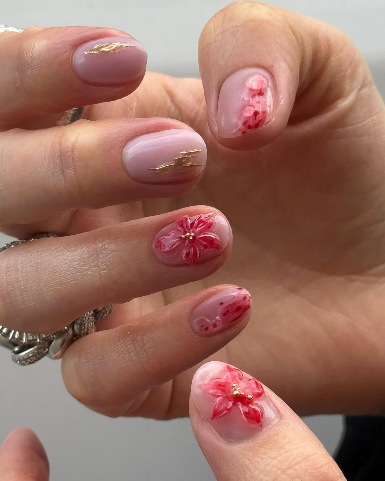 Sheer Pink 3D Floral Gold Bead Short Square Nails Sheer Pink 3D Floral Gold Bead Short Square Nails — Trendy Short Nails Color