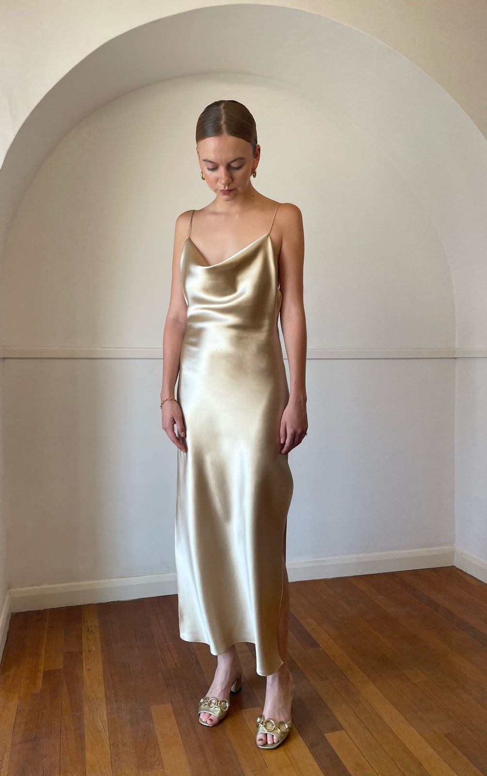 Gold Silk Slip Dress with Cowl Neckline Gold Silk Slip Dress with Cowl Neckline — Trendy Silk Dresses