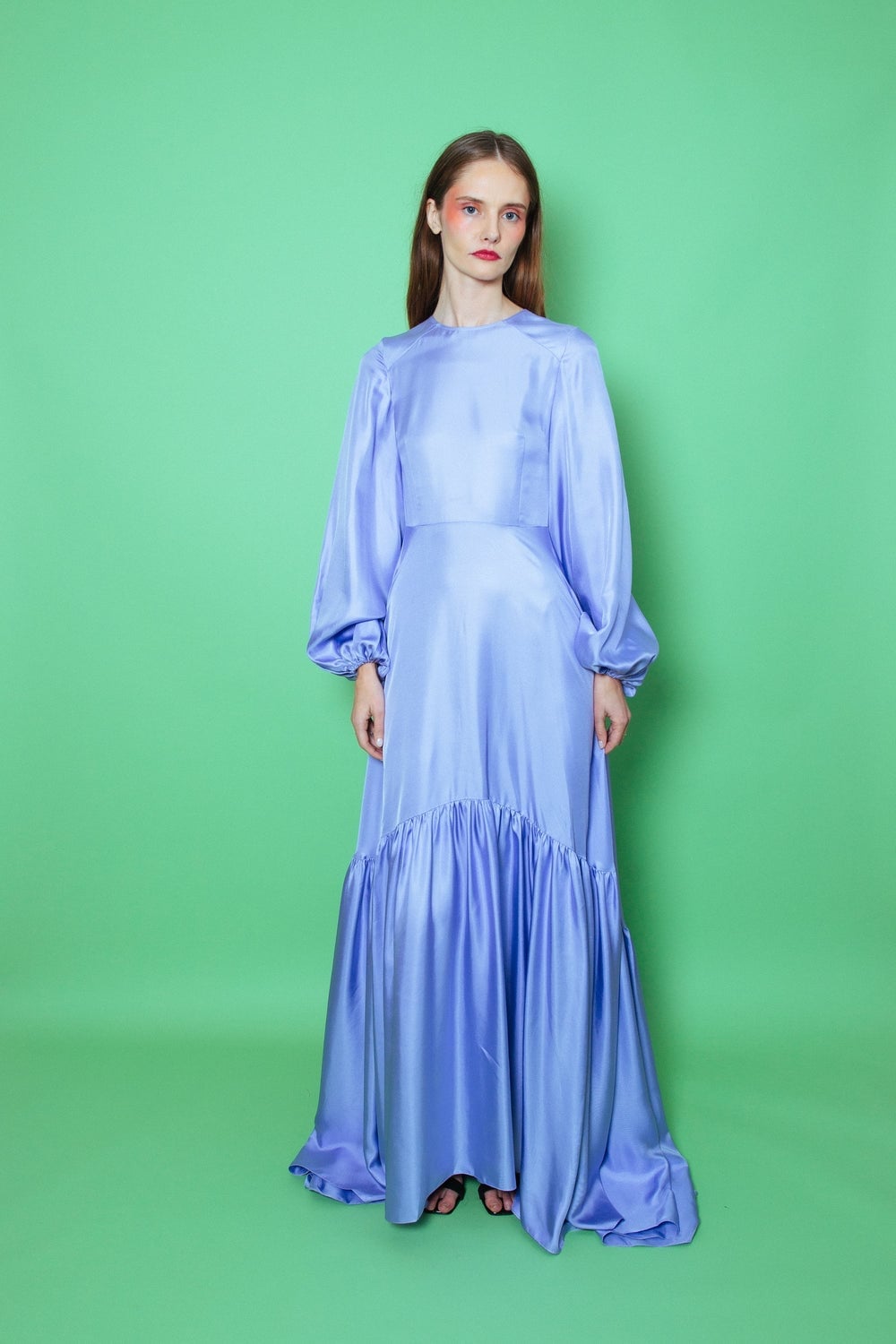 Lilac Satin Maxi Dress with Balloon Sleeves Lilac Satin Maxi Dress with Balloon Sleeves — Trendy Silk Dresses
