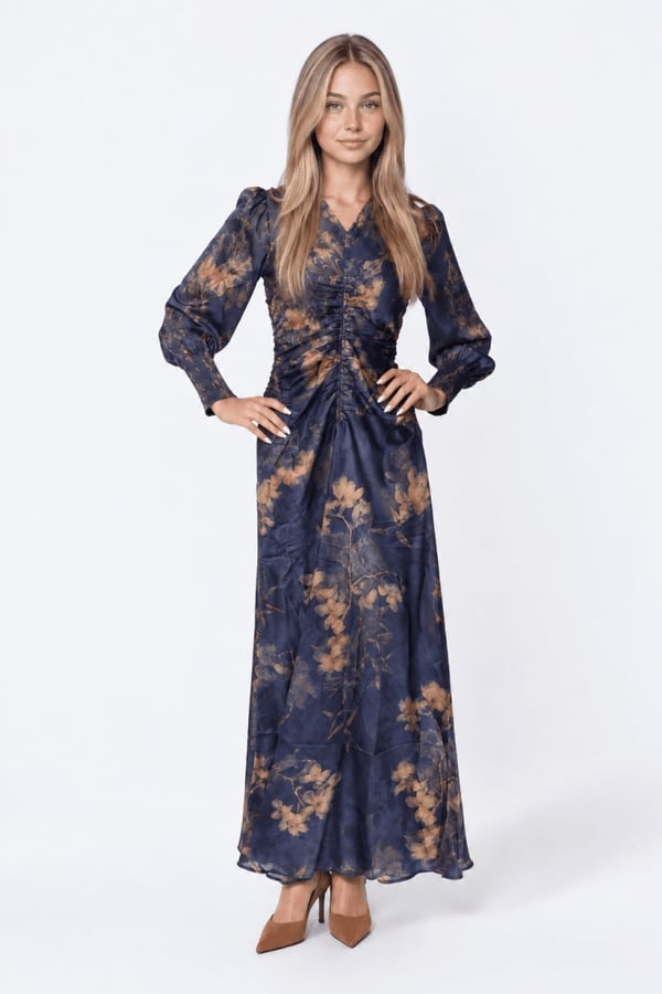 Navy Blue Floral Print Silk Maxi Dress Navy Blue Floral Print Silk Maxi Dress — Trendy Silk Dresses