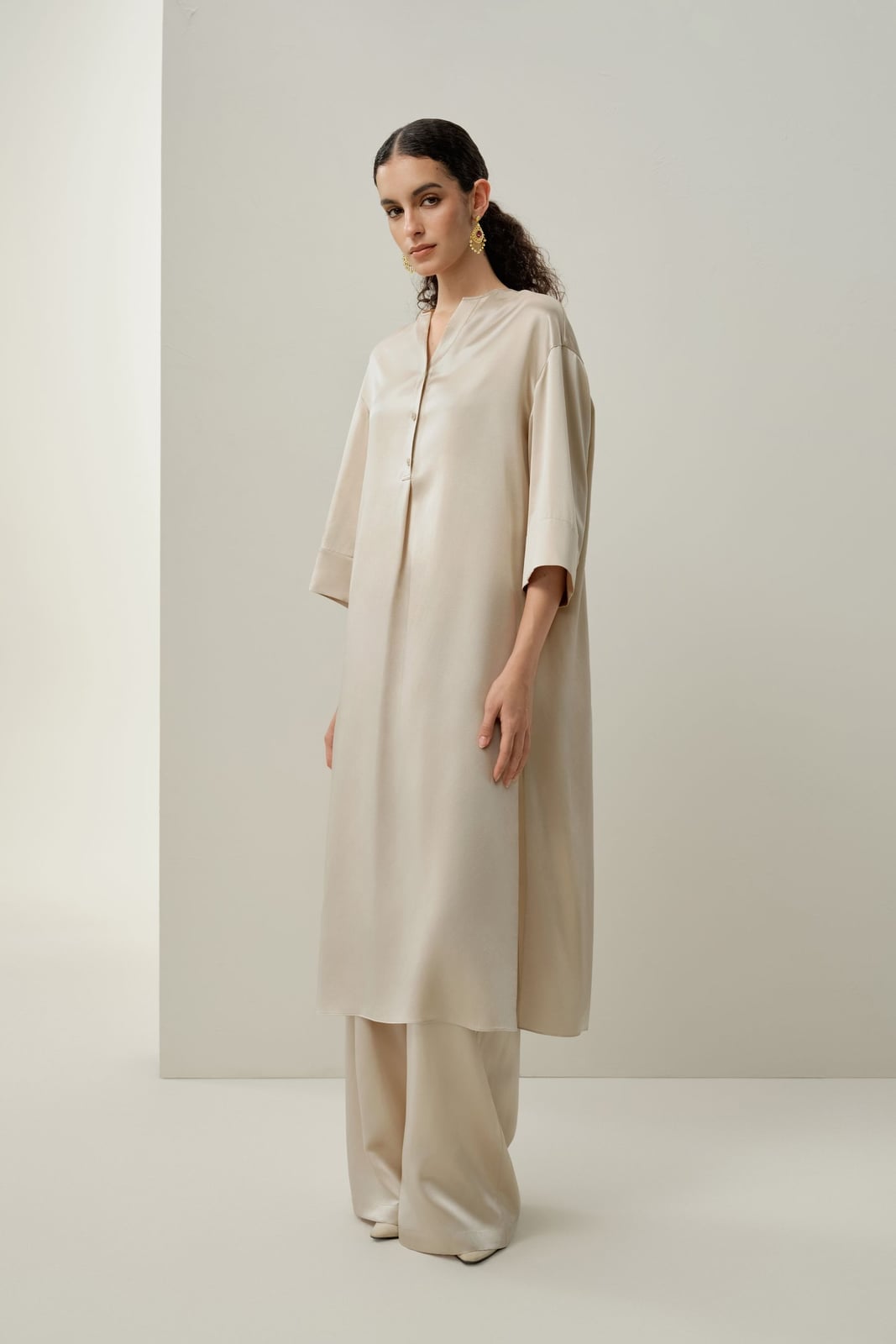 Beige Charmeuse Silk Tunic Dress Set Beige Charmeuse Silk Tunic Dress Set — Trendy Silk Dresses