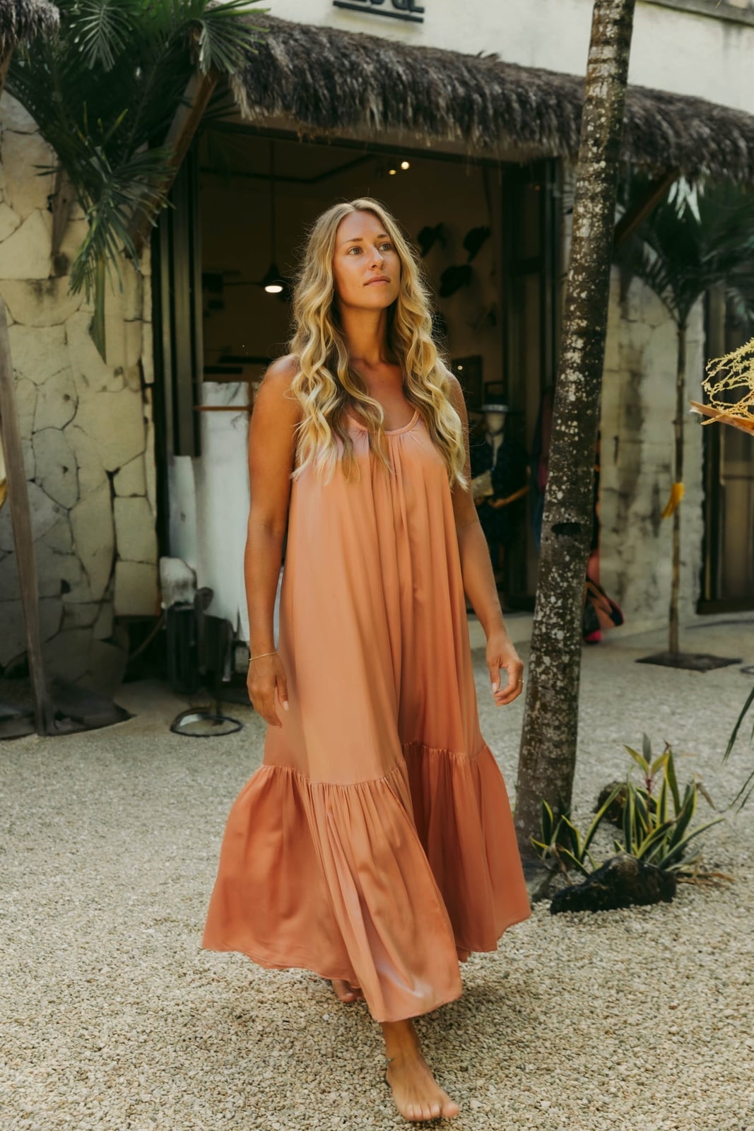Peach Silk Tiered Maxi Dress Peach Silk Tiered Maxi Dress — Trendy Silk Dresses