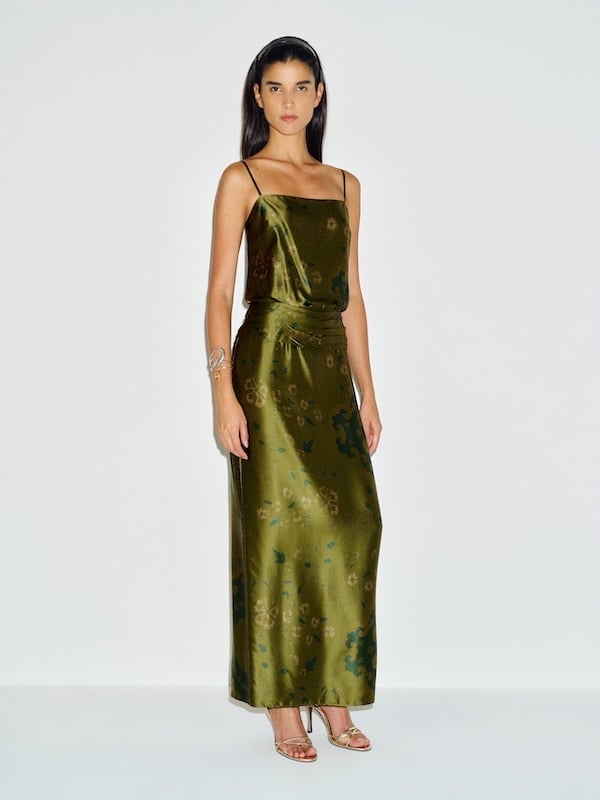 Olive Green Silk Maxi Dress with Floral Print Olive Green Silk Maxi Dress with Floral Print — Trendy Silk Dresses