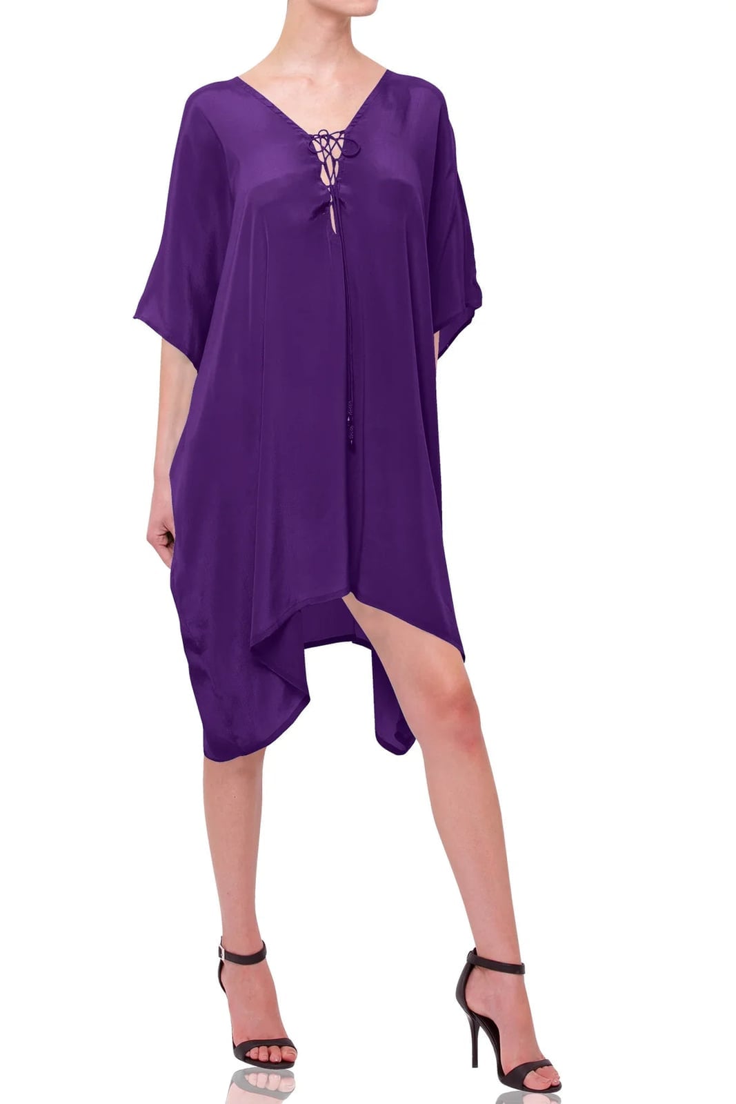 Purple Silk Kaftan Dress with Lace-Up Neckline Purple Silk Kaftan Dress with Lace-Up Neckline — Trendy Silk Dresses