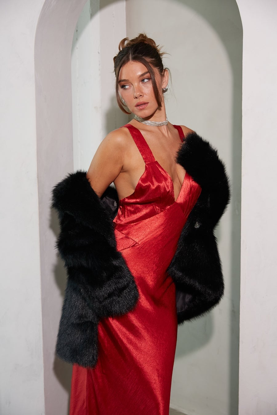 Red Satin Slip Dress with Faux Fur Jacket Red Satin Slip Dress with Faux Fur Jacket — Trendy Silk Dresses