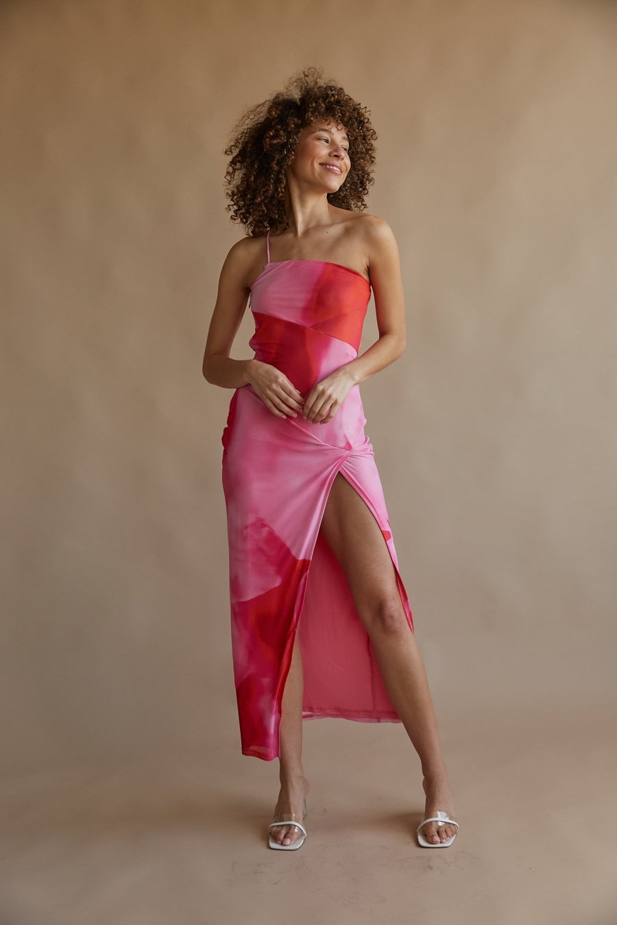 Pink and Red Mesh One-Shoulder Dress Pink and Red Mesh One-Shoulder Dress — Trendy Silk Dresses