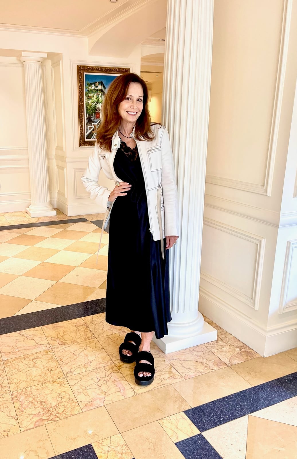 Black Satin Slip Dress with White Denim Jacket Black Satin Slip Dress with White Denim Jacket — Trendy Silk Dresses