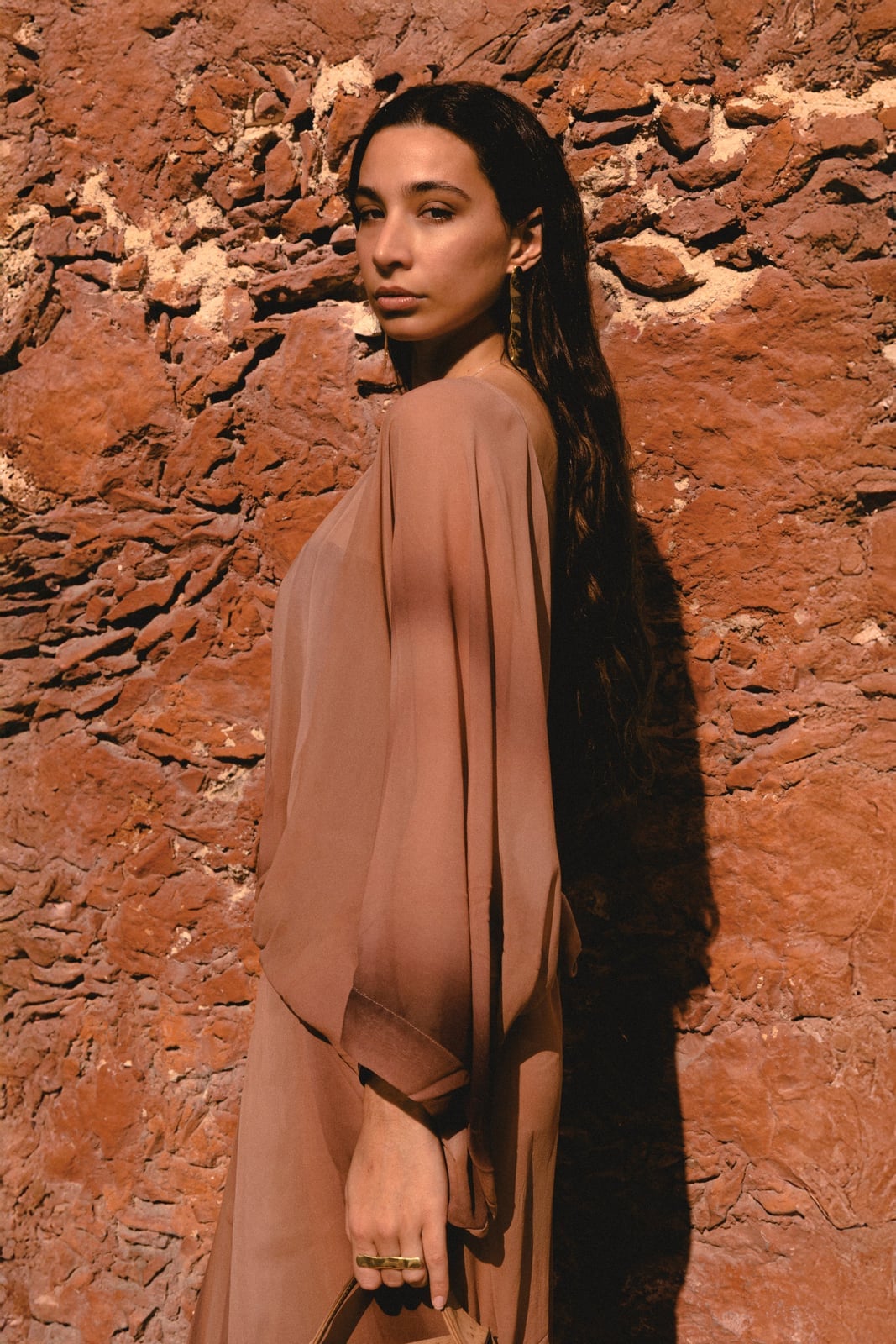 Nude Brown Sheer Silk Dress with Draped Sleeves, Close-Up Take Nude Brown Sheer Silk Dress with Draped Sleeves, Close-Up Take — Trendy Silk Dresses