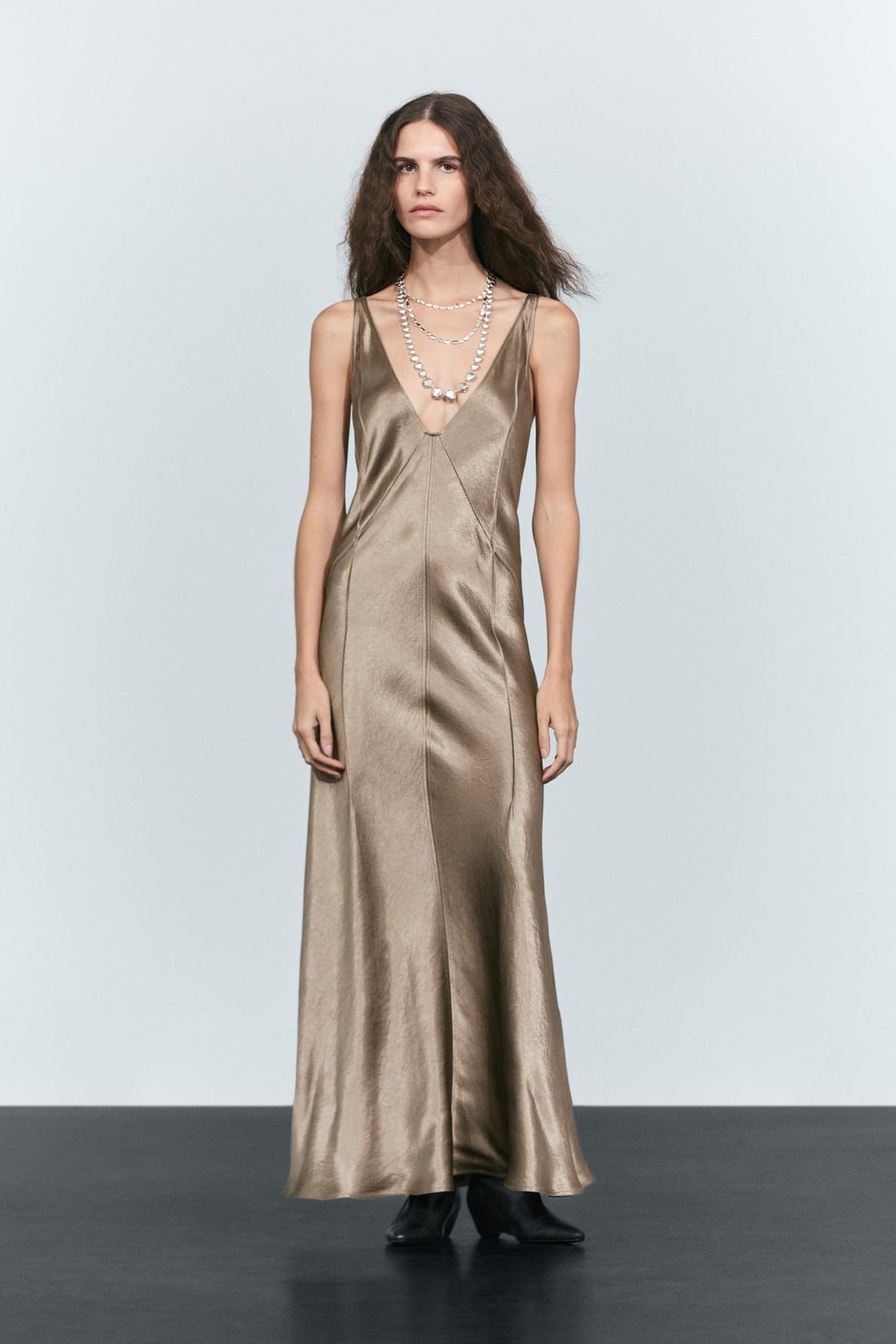 Champagne Satin Bias Cut Maxi Dress with Deep V-Neck Champagne Satin Bias Cut Maxi Dress with Deep V-Neck — Trendy Silk Dresses