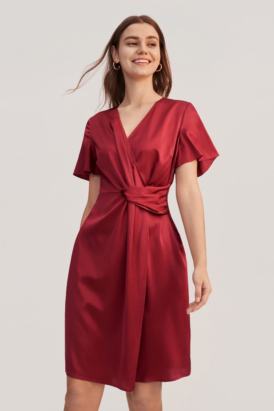 Claret Red Silk Satin Wrap Dress Claret Red Silk Satin Wrap Dress — Trendy Silk Dresses
