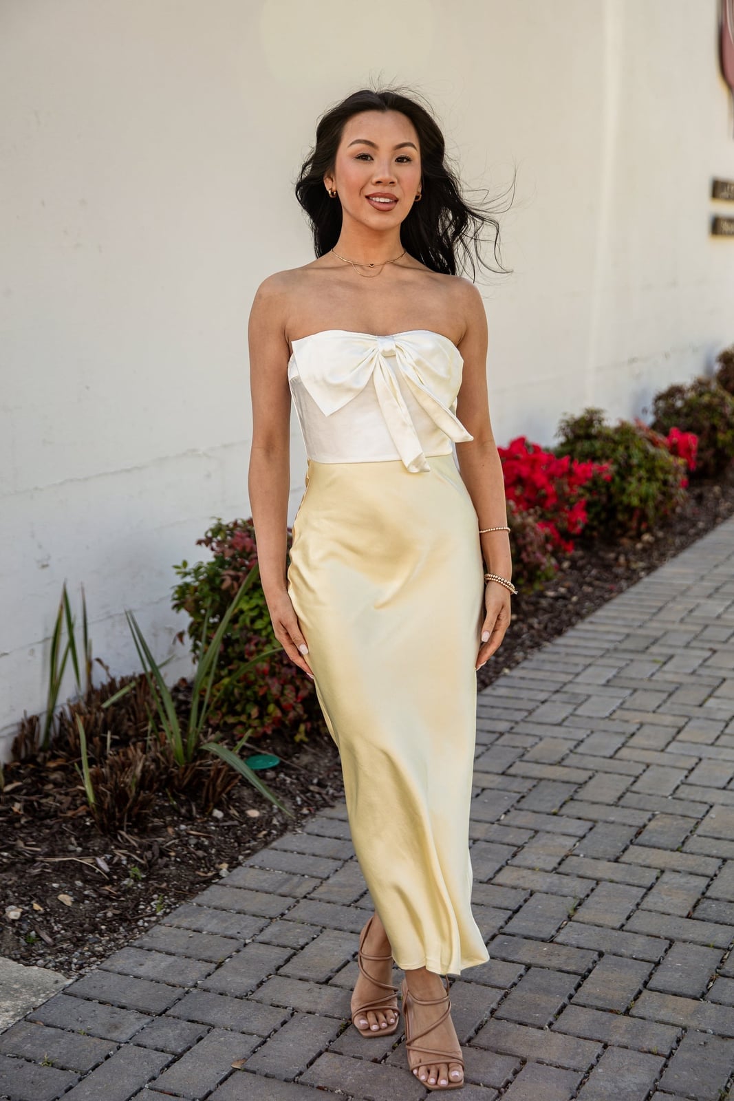 Yellow Satin Midi Dress with Bow Detail Yellow Satin Midi Dress with Bow Detail — Trendy Silk Dresses