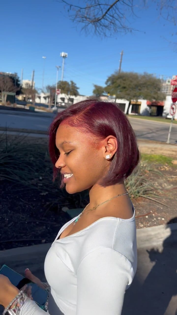 Ear-Length Bob In Deep Burgundy — Trendy Silk Press