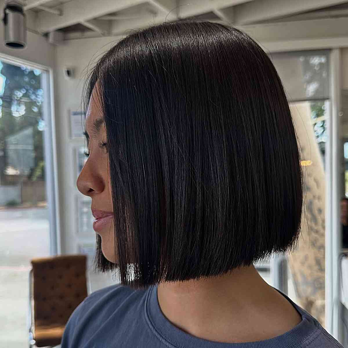 Chin-Length Blunt Bob With Glossy Finish, Close-Up Take — Trendy Silk Press