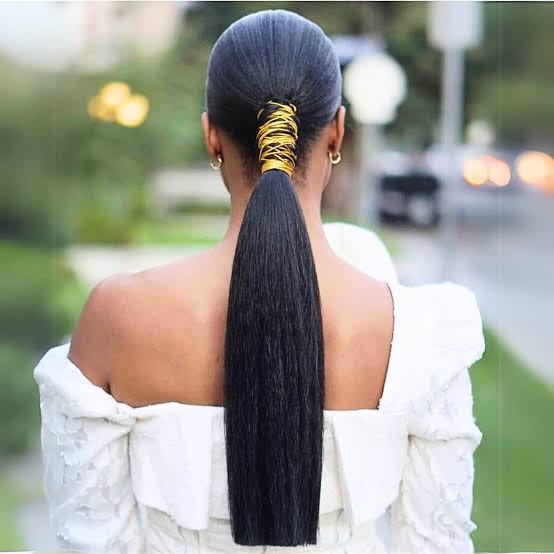 Black Ponytail With Decorative Wrapped Base, Mid-Back — Trendy Slick Back Ponytail