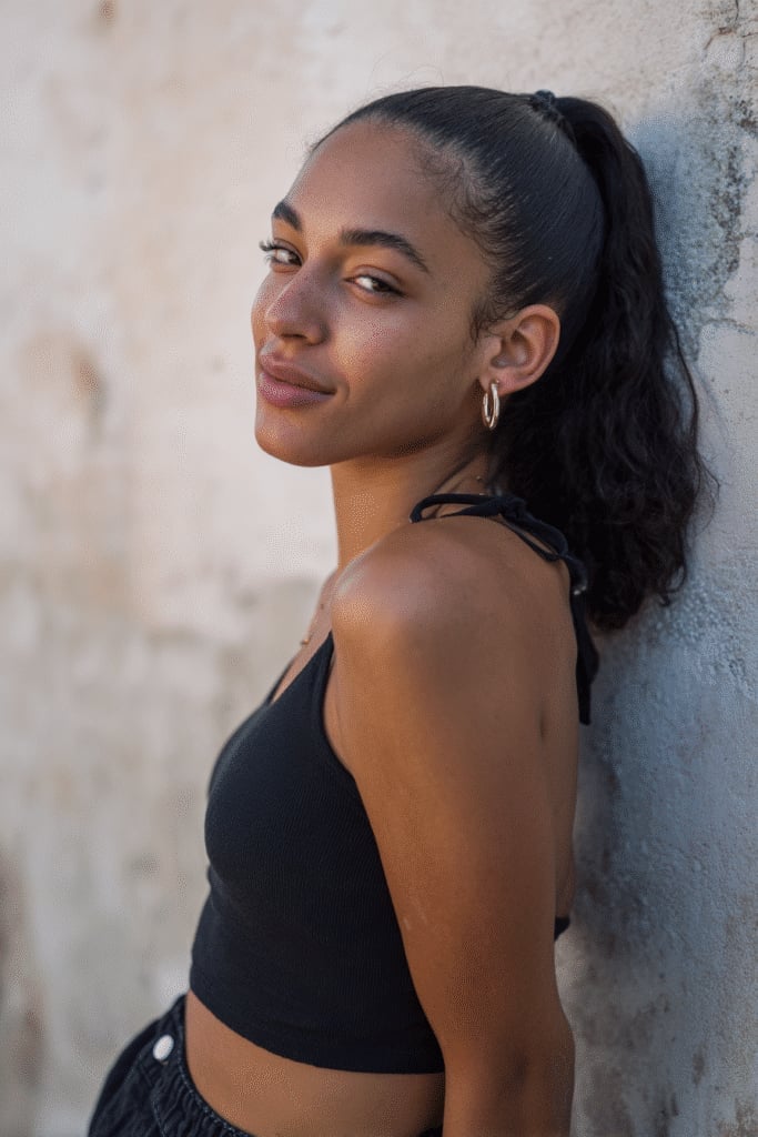 Black Wavy Ponytail With Face-Framing Tendrils — Trendy Slick Back Ponytail