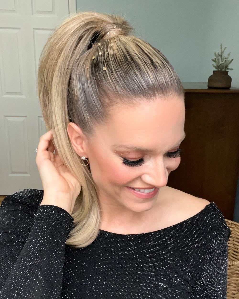 Blonde Ponytail With Rhinestone Embellishments, Wavy And Thick — Trendy Slick Back Ponytail