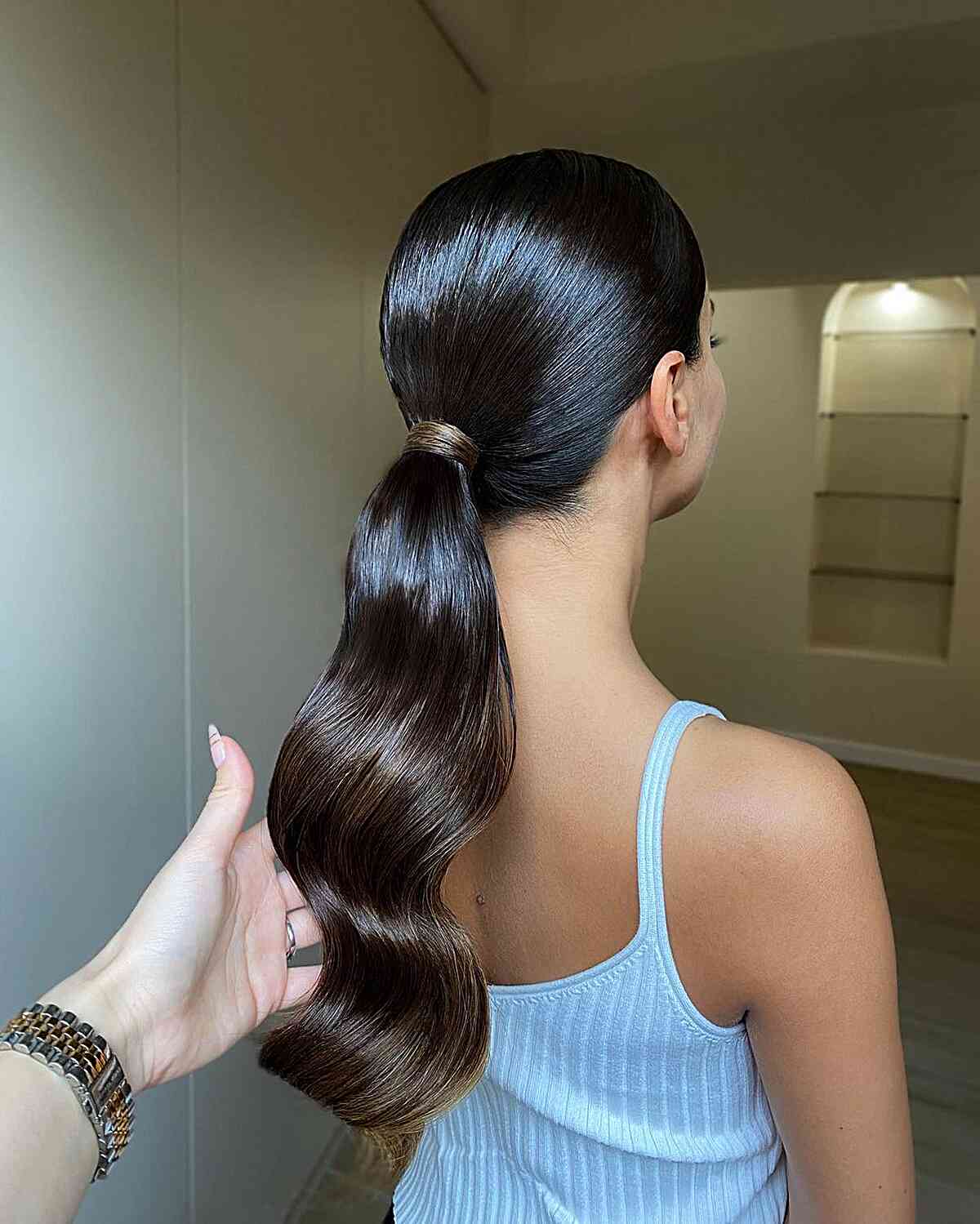 Dark Brown Ponytail With Deep Waves — Trendy Slick Back Ponytail