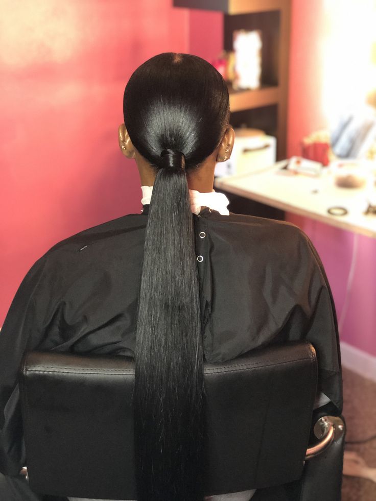 Ultra-Sleek Mid-Back Black Ponytail, Straight — Trendy Slick Back Ponytail