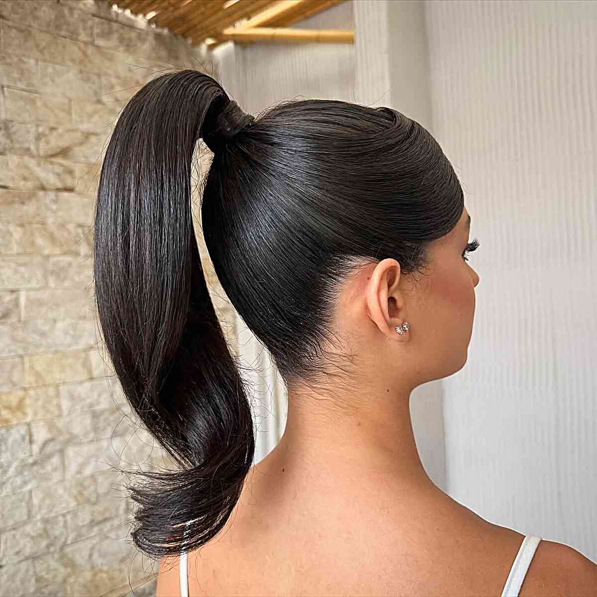 Polished Dark Brown Ponytail — Trendy Slick Back Ponytail