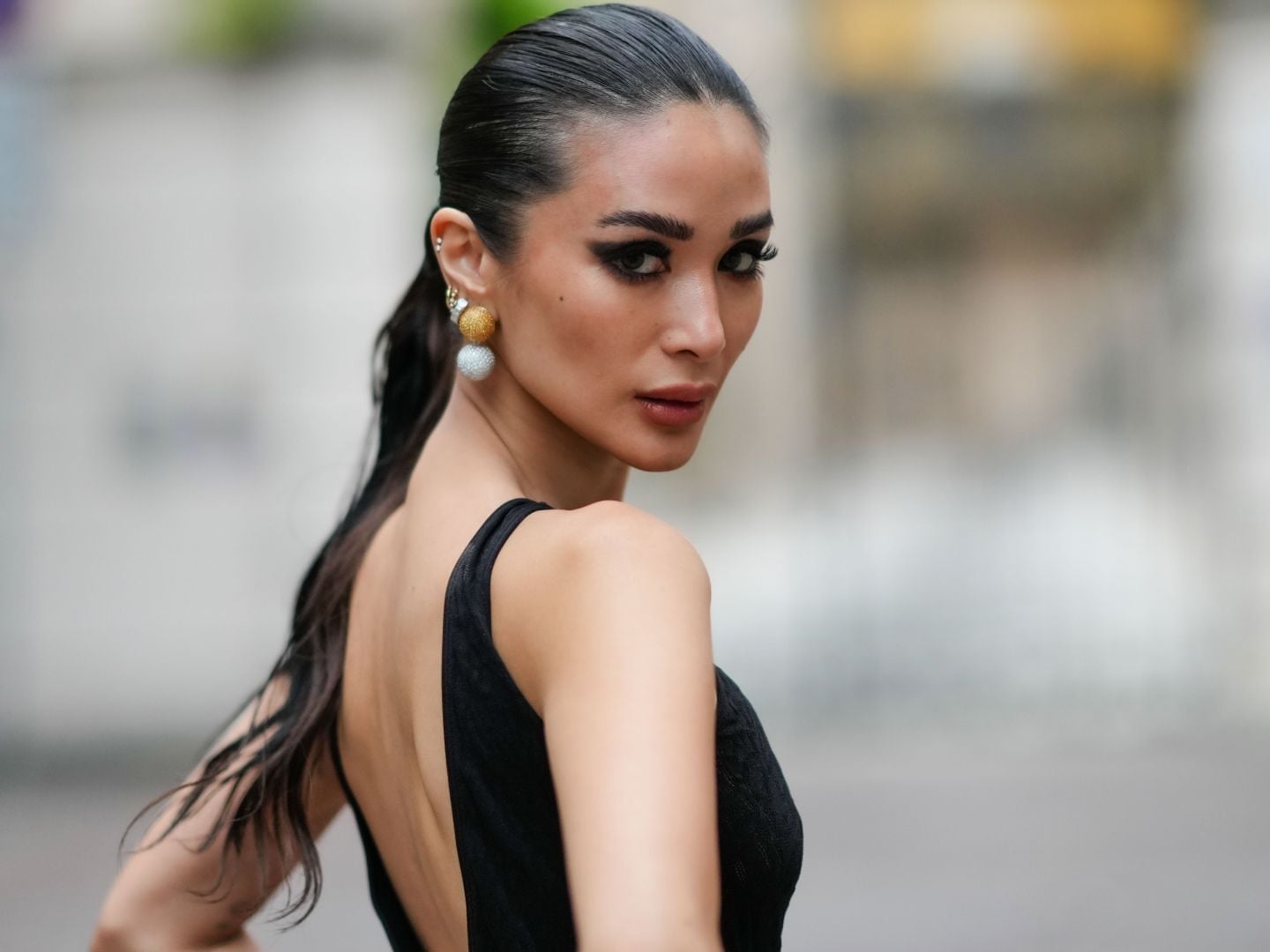 Sleek Wet Look Dark Brown Ponytail — Trendy Slick Back Ponytail