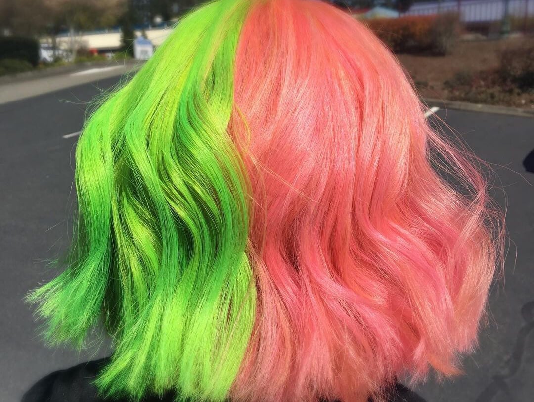 Chin Length Wavy Bob Neon Split Dye Chin Length Wavy Bob Neon Split Dye — Trendy Split Dye Hair