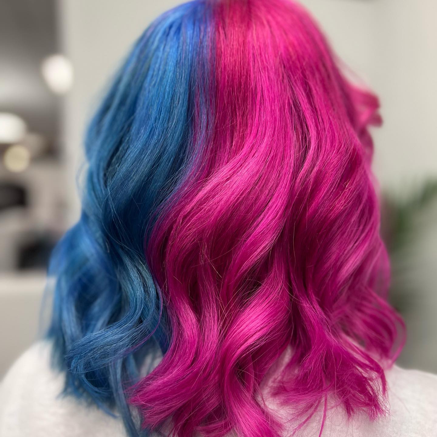 Collarbone Lob Blue and Pink Split Dye Collarbone Lob Blue and Pink Split Dye — Trendy Split Dye Hair