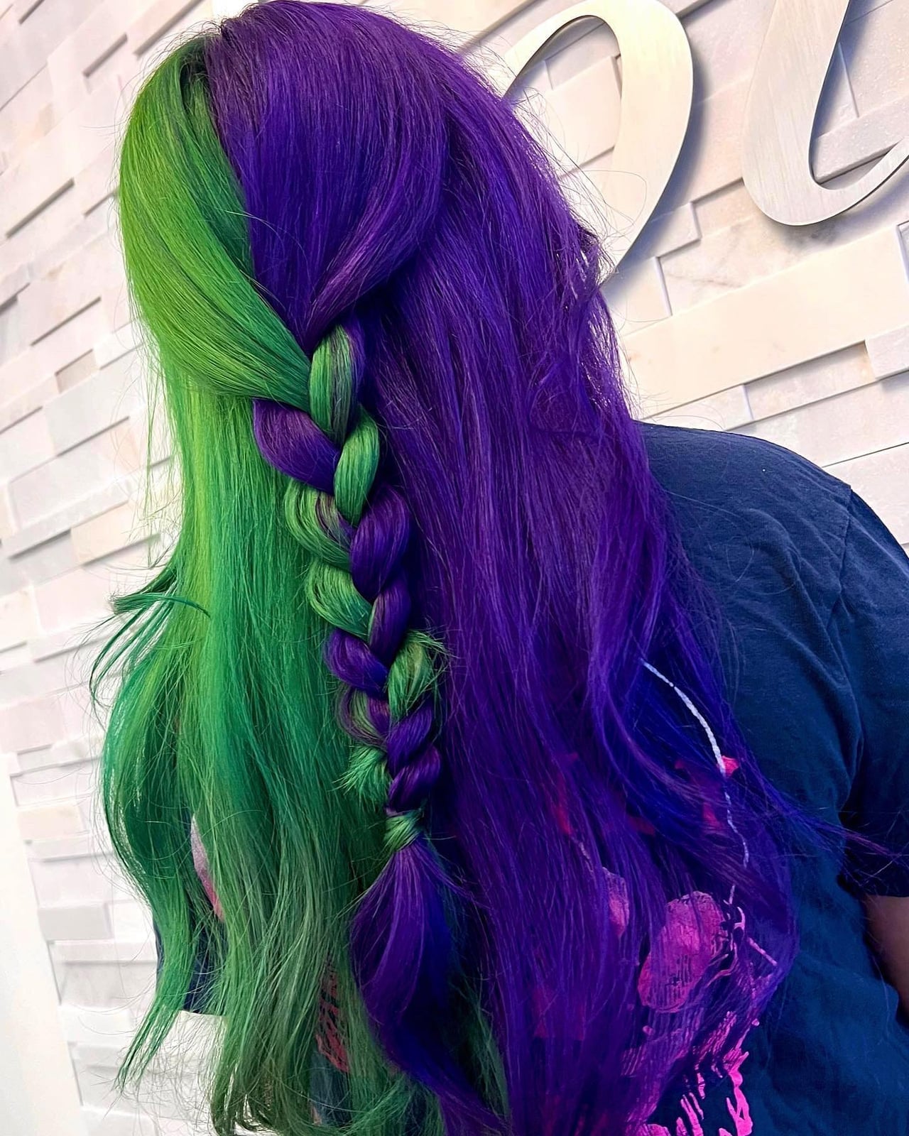 Mid-Back Braided and Wavy Split Dye with Half Green Mid-Back Braided and Wavy Split Dye with Half Green — Trendy Split Dye Hair