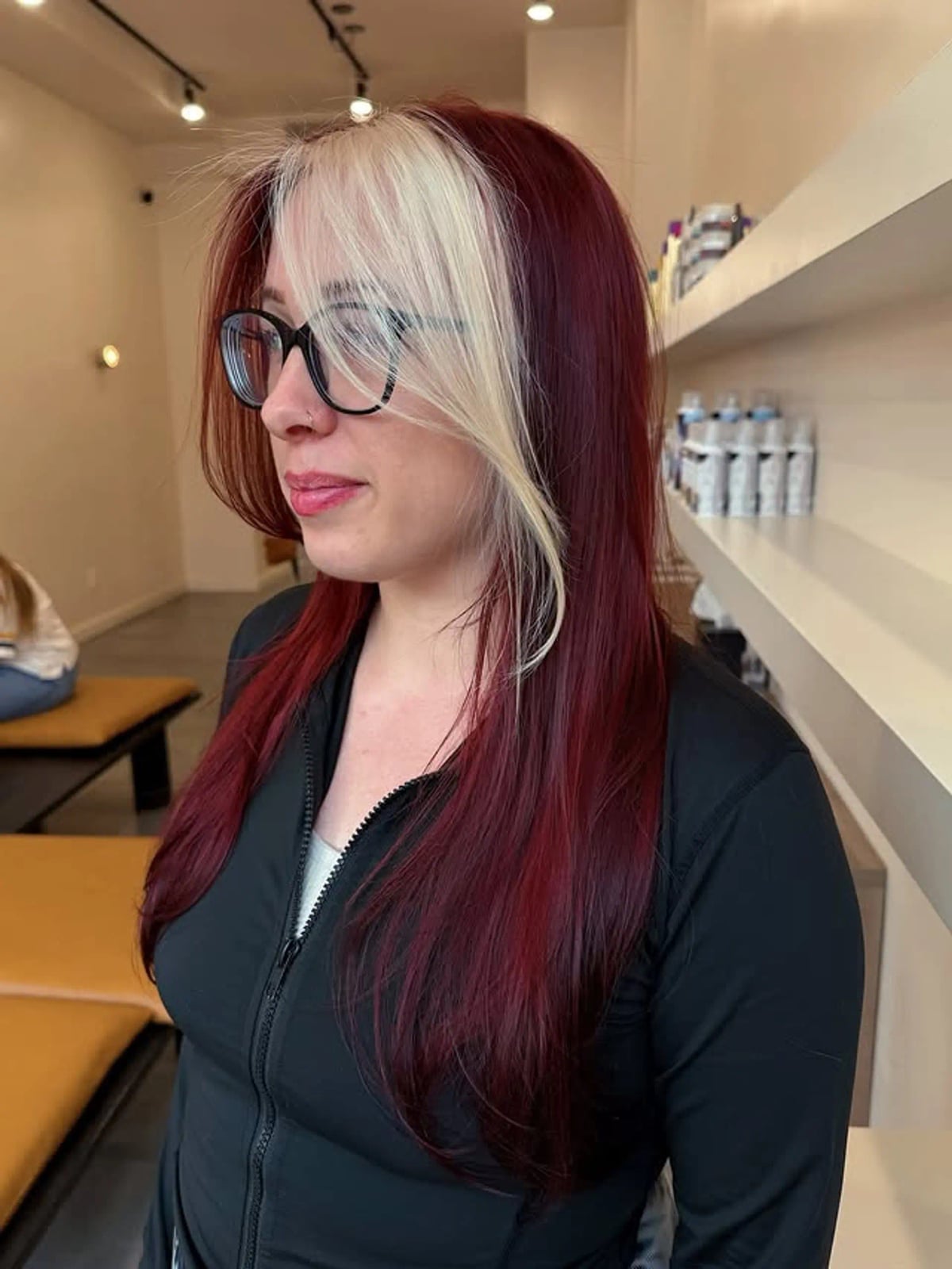 Long Layered Wavy Red and Blonde Split Long Layered Wavy Red and Blonde Split — Trendy Split Dye Hair