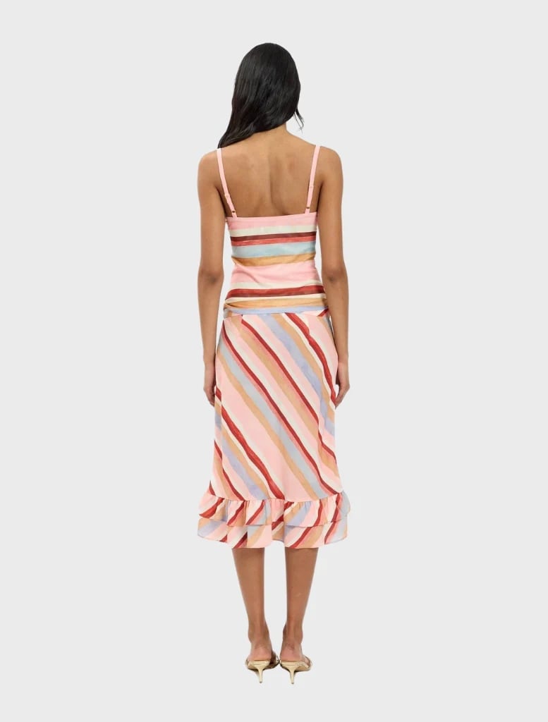 Pink Multi-Colored Striped Midi Skirt With Ruffled Hem — Trendy Striped Skirt Outfit