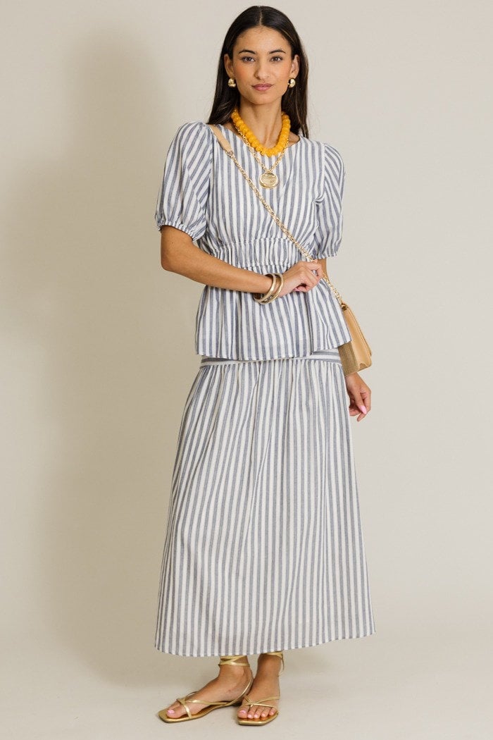 Blue And White Striped Maxi Skirt With Smocked Waist — Trendy Striped Skirt Outfit