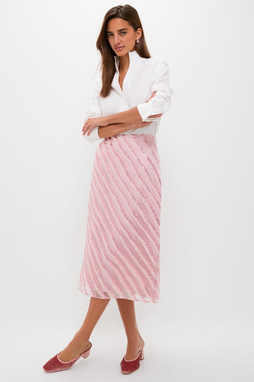 Pink Sequined Striped Midi Skirt With White Collared Shirt — Trendy Striped Skirt Outfit