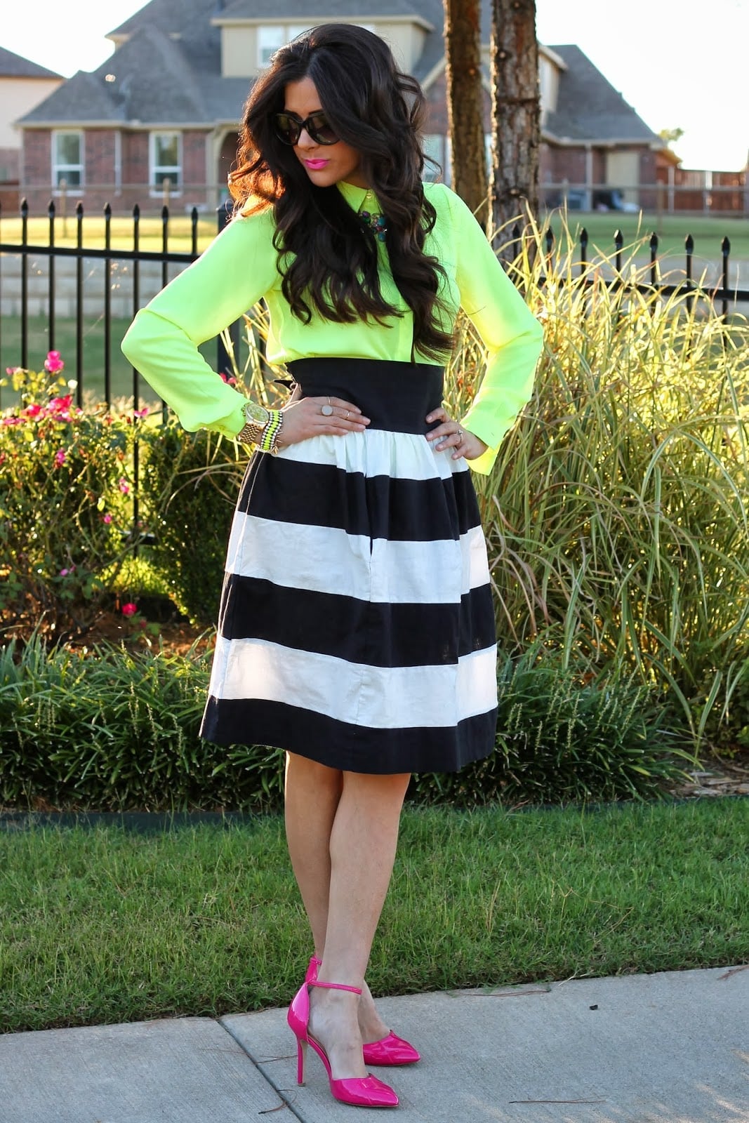 Black And White Striped Midi Skirt With Neon Top — Trendy Striped Skirt Outfit