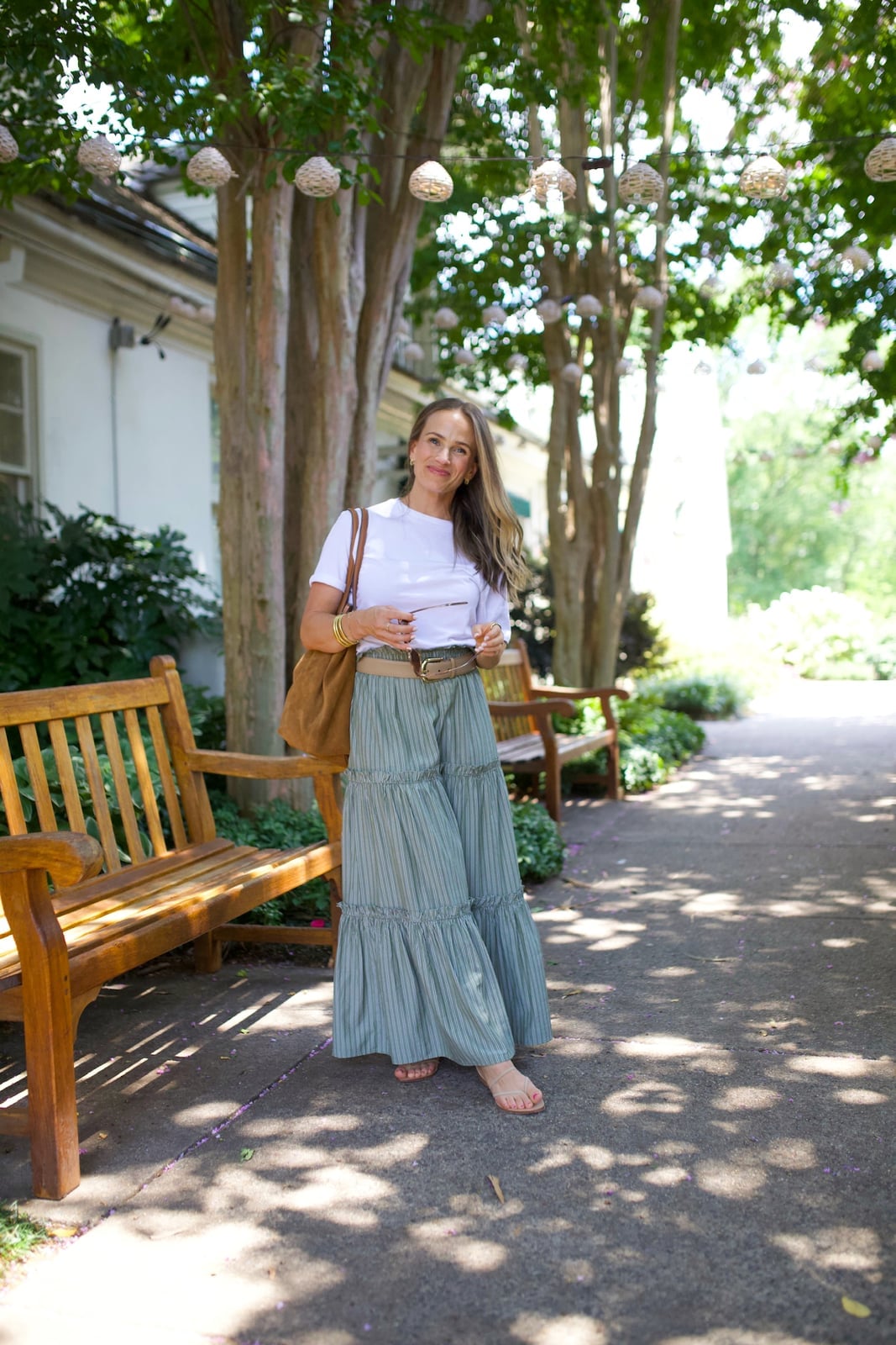 Sage Green And White Striped Maxi Skirt, Office-Safe Version — Trendy Striped Skirt Outfit