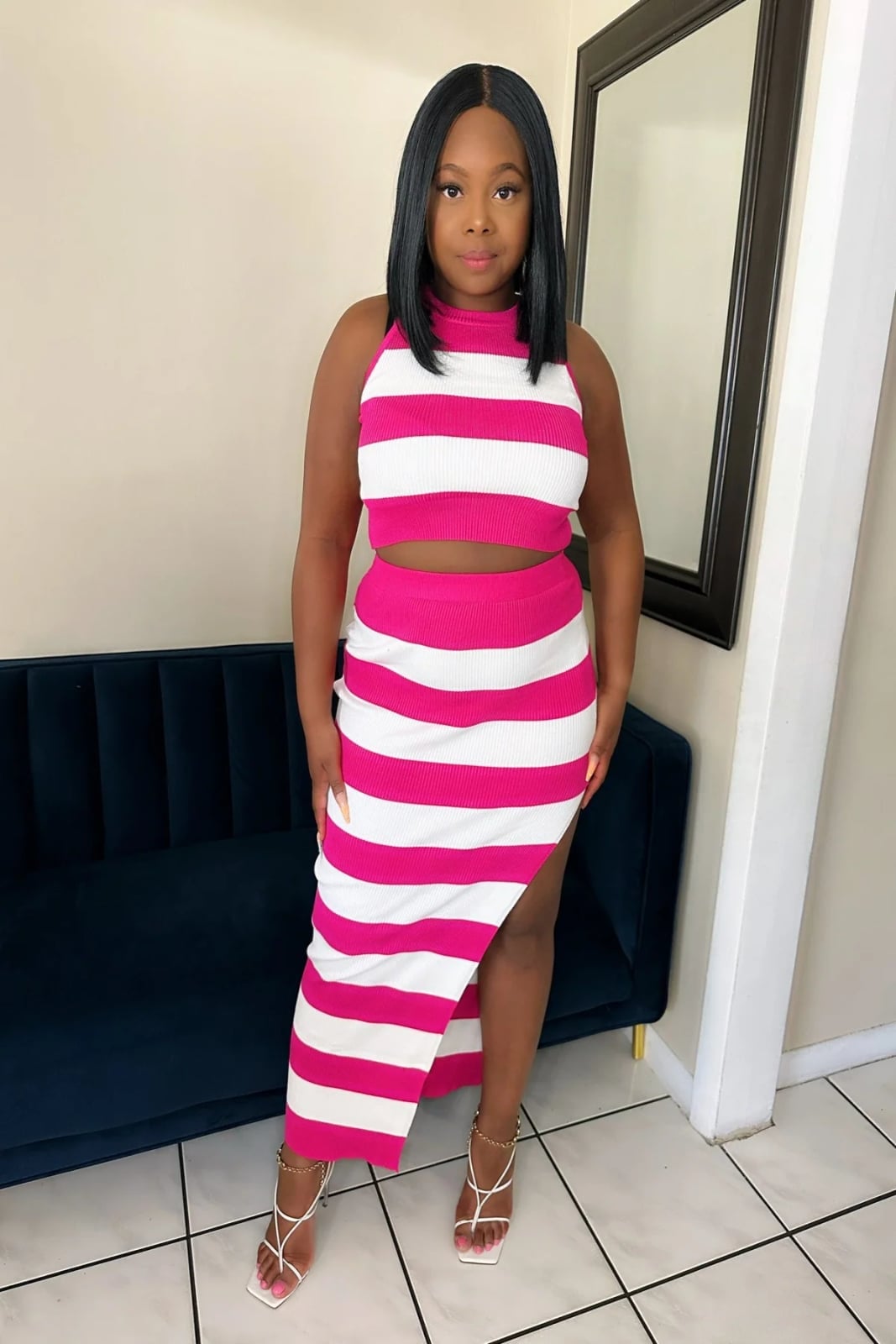 Hot Pink Striped Midi Skirt With High Slit, Office-Safe Version — Trendy Striped Skirt Outfit