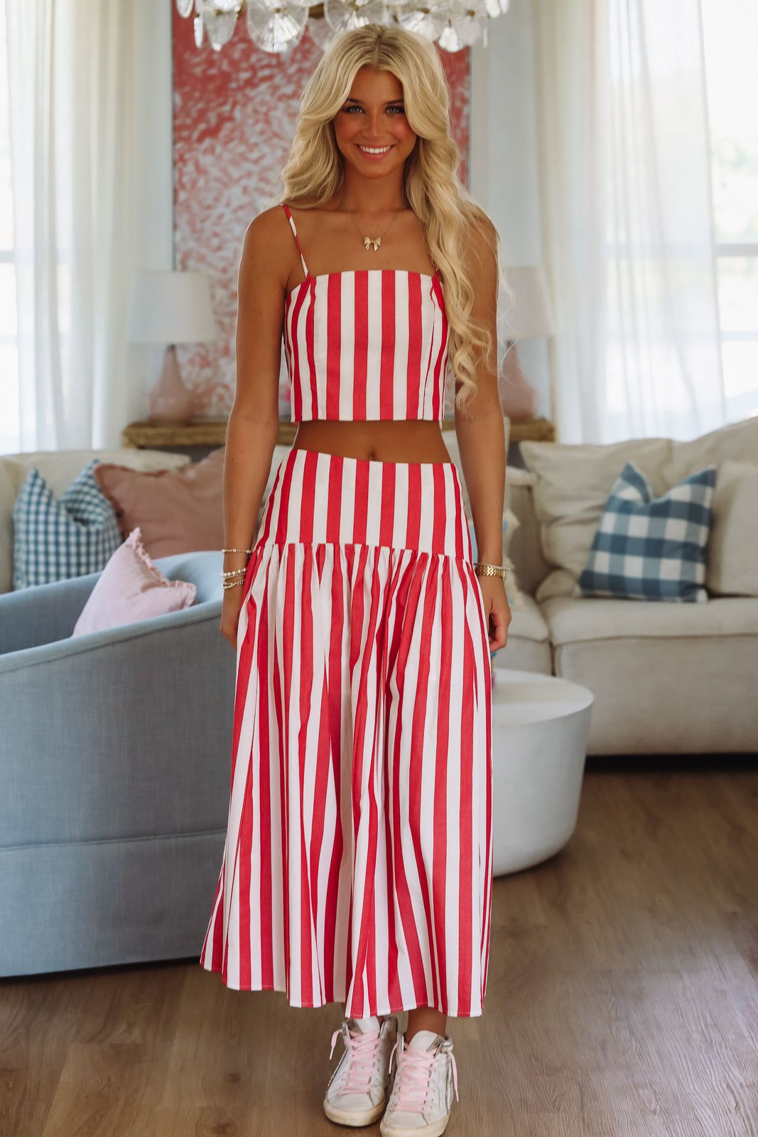 Tiered Red And White Striped Maxi Skirt With Matching Crop Top — Trendy Striped Skirt Outfit