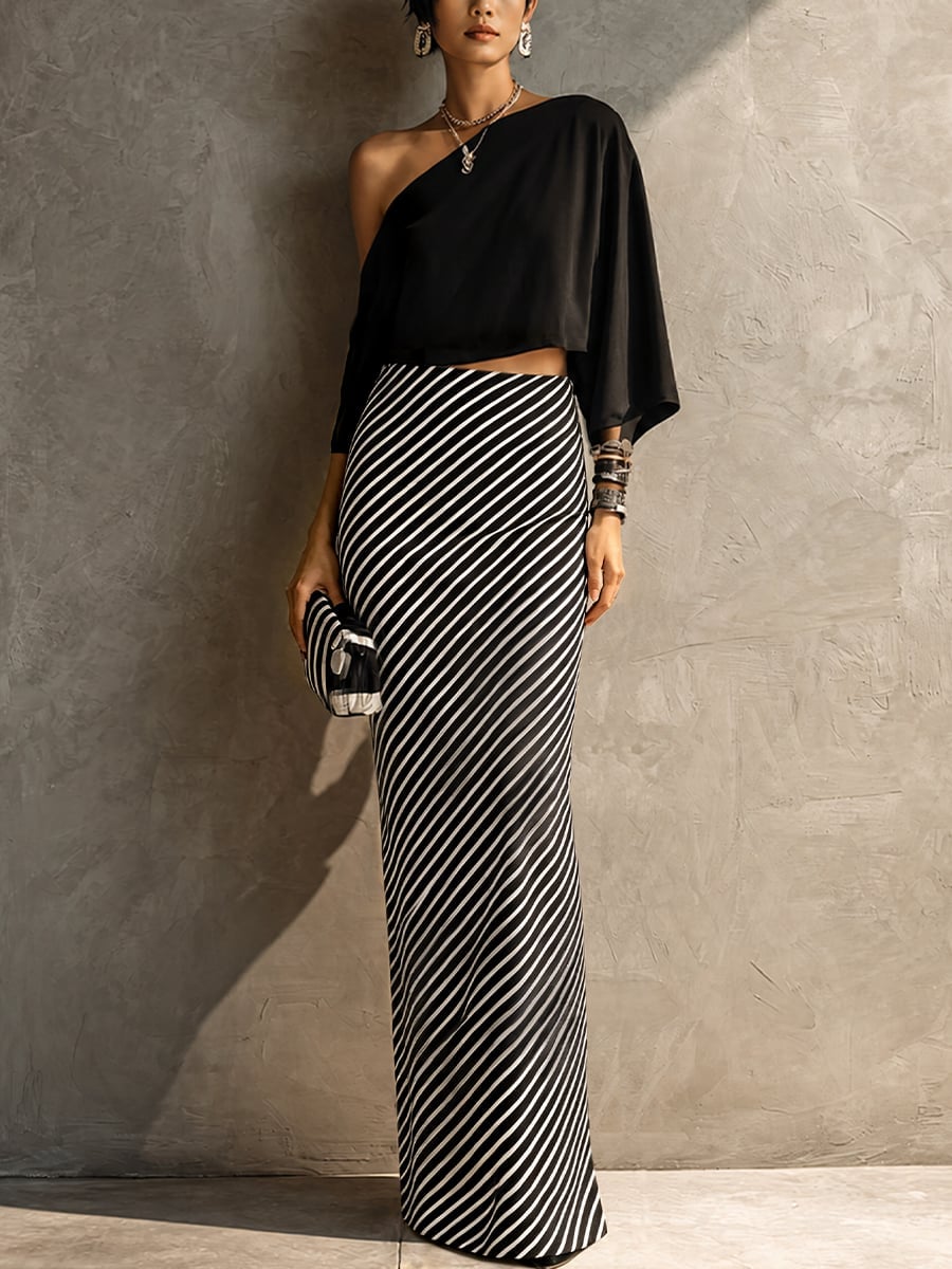 Diagonal Striped Maxi Skirt With One-Shoulder Crop Top, Close-Up Take — Trendy Striped Skirt Outfit
