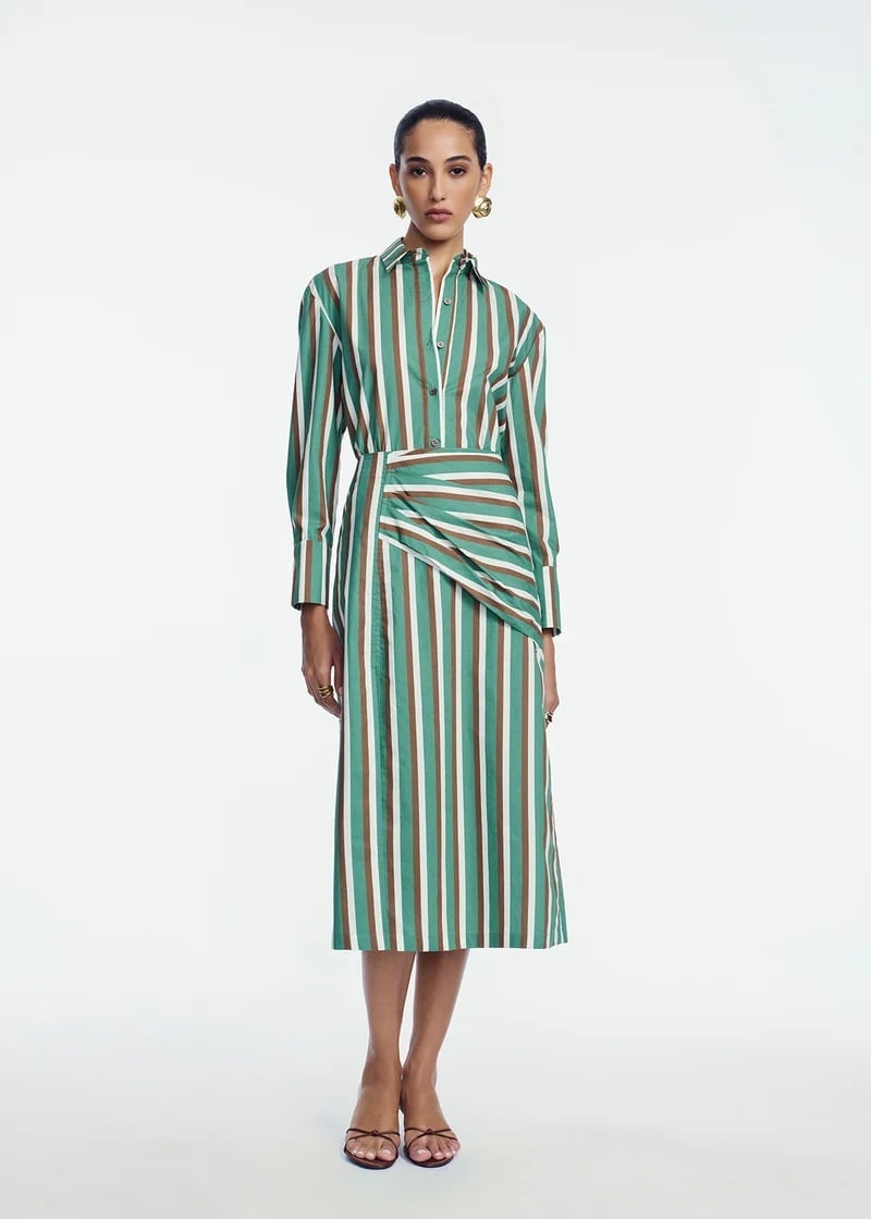 Asymmetrical Striped Midi Skirt With Oversized, Close-Up Take — Trendy Striped Skirt Outfit
