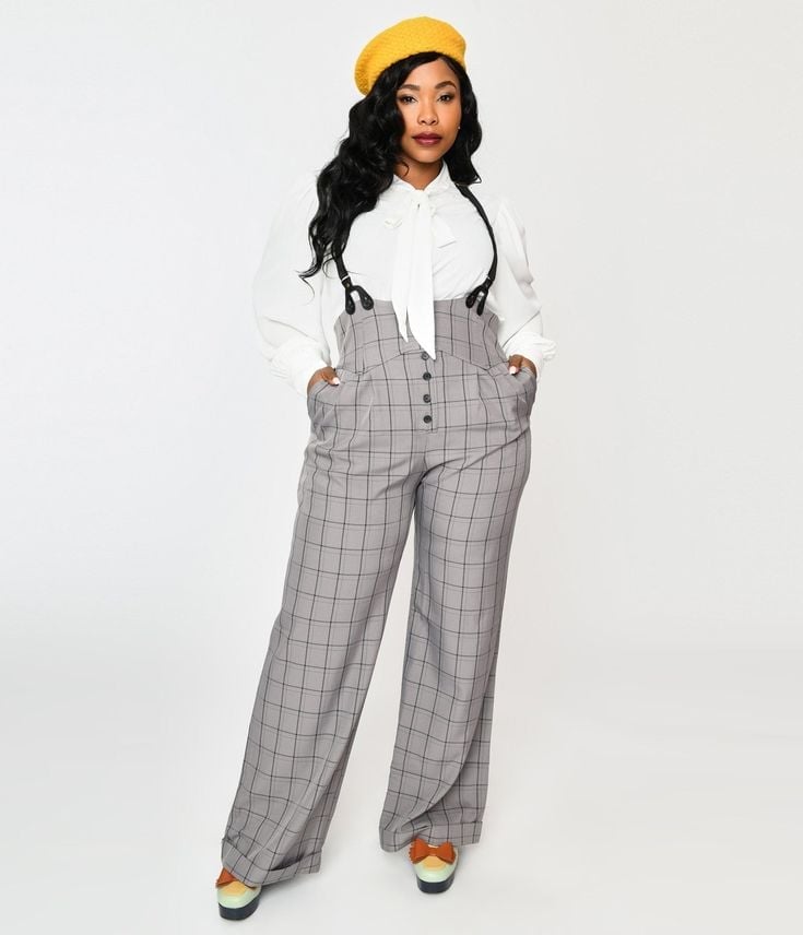 Plaid Wide-Leg Trousers with Suspenders and Bow-Tie Blouse — Trendy Vintage Outfits