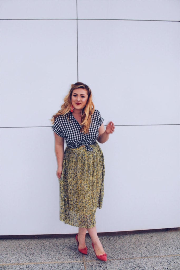 Gingham Tie-Front Blouse with Floral Midi Skirt — Trendy Vintage Outfits