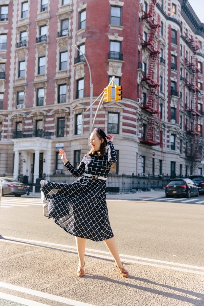 Navy Gingham A-Line Midi Dress with Belt — Trendy Vintage Outfits
