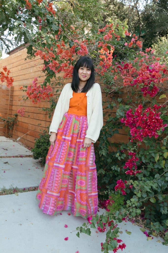 Cream Cardigan with Boldly Patterned A-Line Maxi Skirt — Trendy Vintage Outfits
