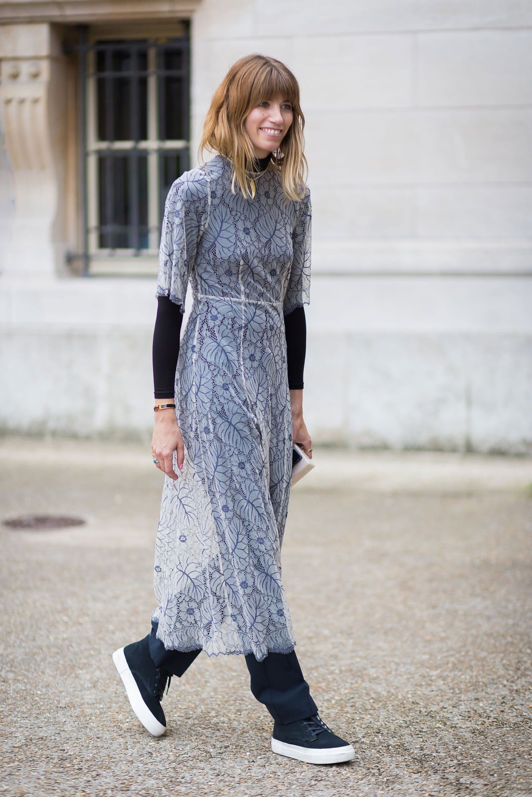 Lace Midi Dress Layered Over Pants with Sneakers — Trendy Vintage Outfits