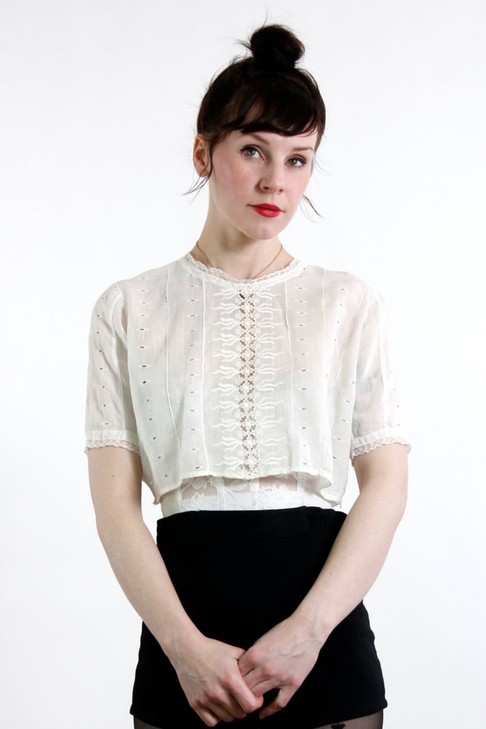 White Eyelet Blouse with High-Waisted Black Skirt — Trendy Vintage Outfits