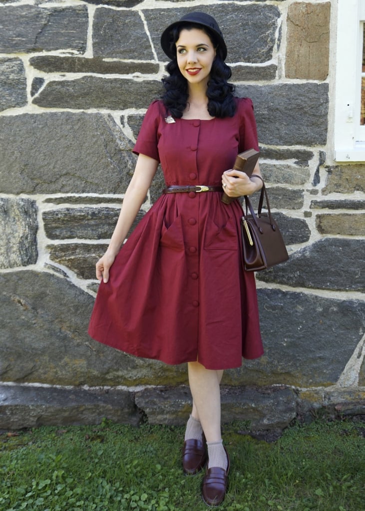 Maroon Fit-and-Flare Dress with Loafers — Trendy Vintage Outfits