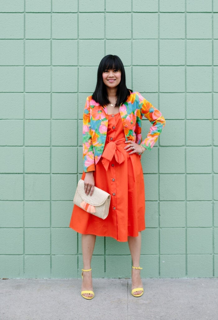 Orange Fit-and-Flare Dress with Floral Cropped Jacket — Trendy Vintage Outfits