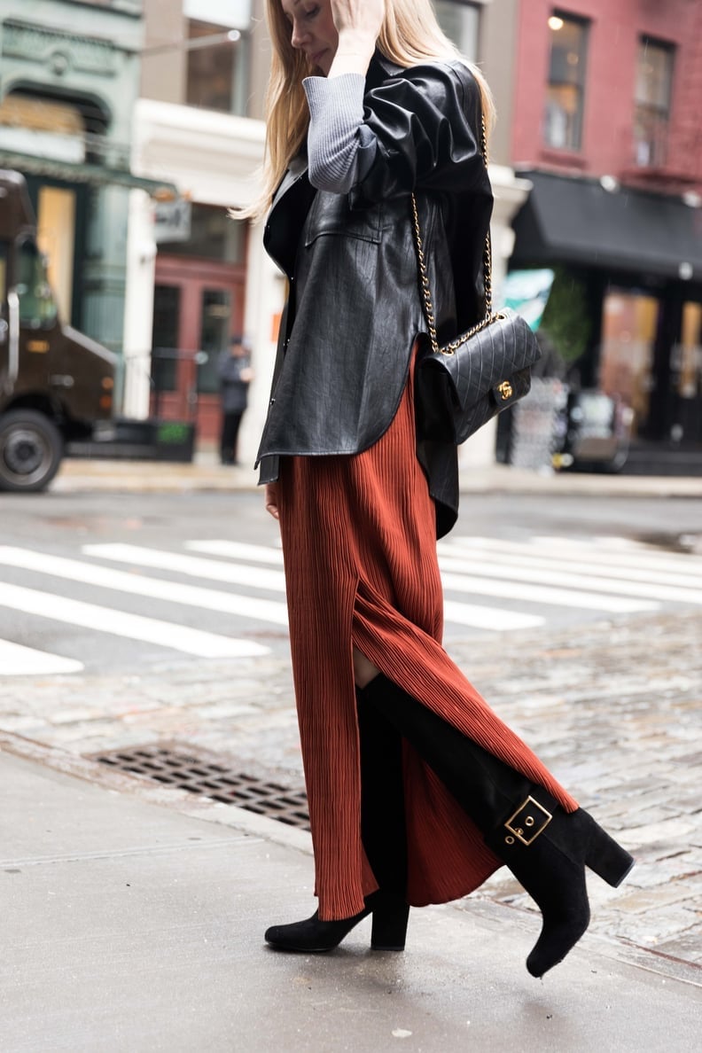 Leather Jacket with Rust Orange Pleated Maxi Skirt — Trendy Vintage Outfits
