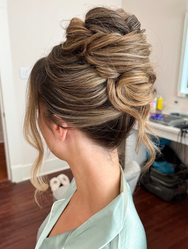 Ash Blonde High Textured Bun With Loose Tendrils, Mid-Back — Trendy Wedding Bun