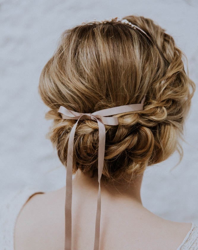 Honey Blonde Braided Low Bun With Ribbon — Trendy Wedding Bun
